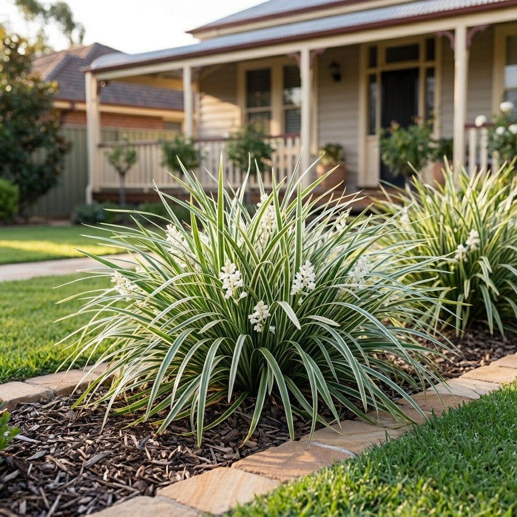 Stripey White Mondo Grass (Ophiopogon 'Stripey White') growing in a mulched garden bed in front of an Australian home