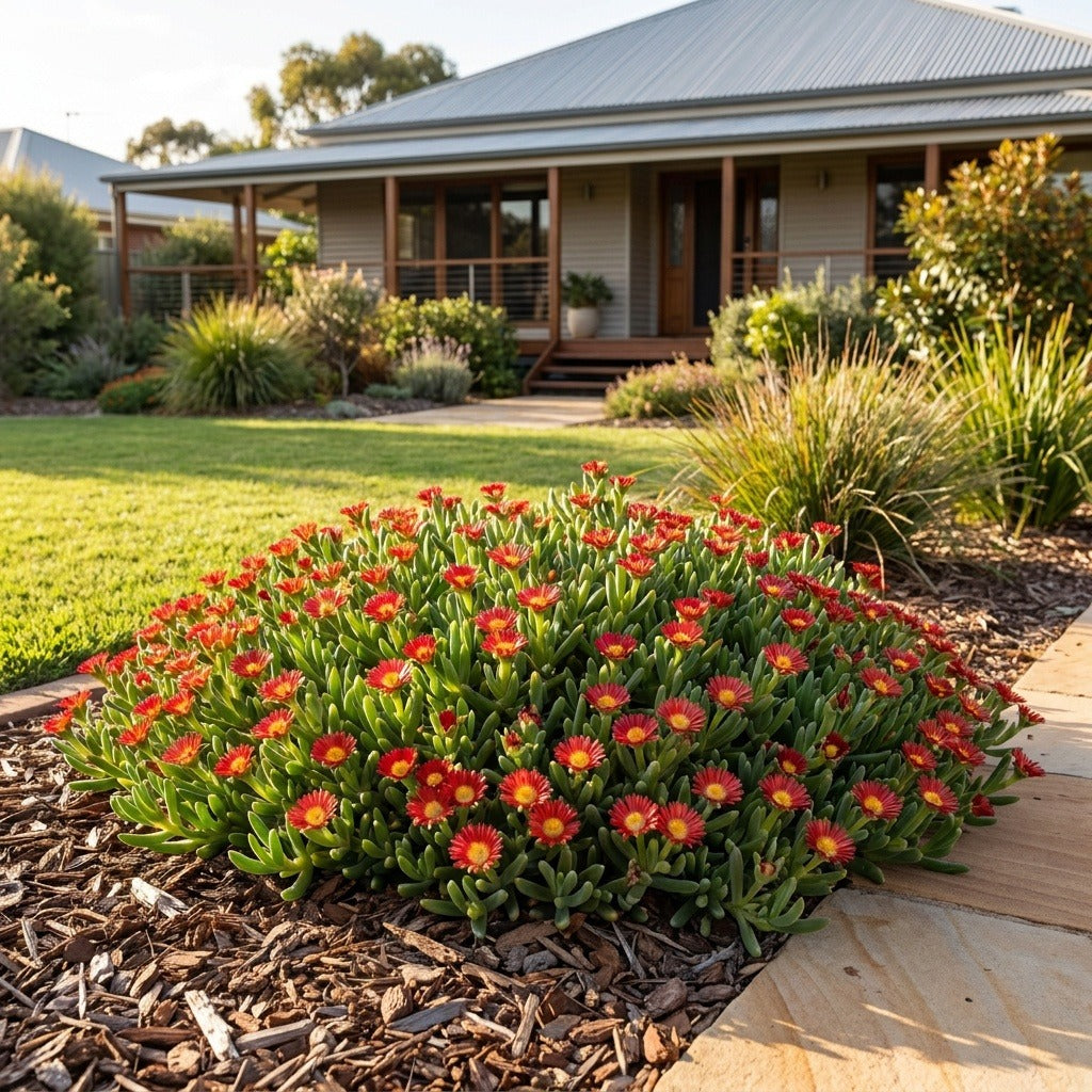 Suntropics Red Ice Plant (Delosperma cooperi 'Suntropics Red') growing in a mulched garden bed in front of an Australian home