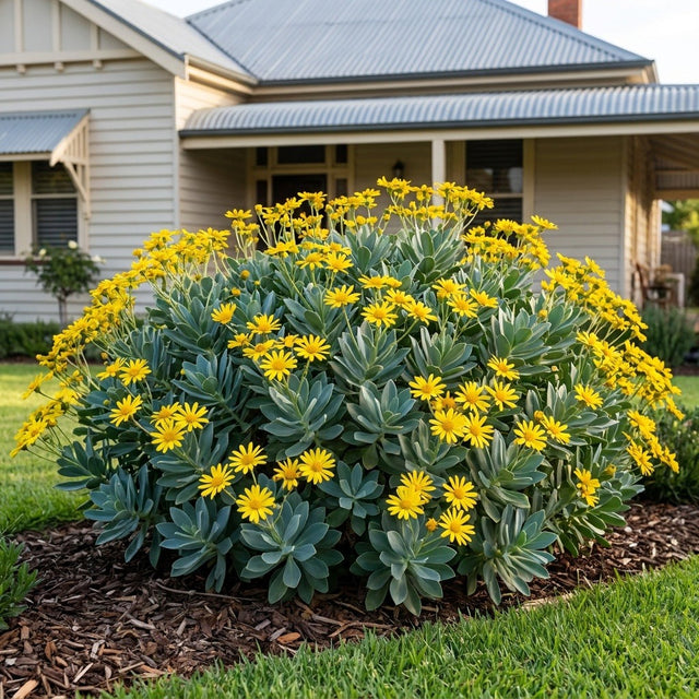 Superb Groundsel (Senecio megaglossus) growing in a mulched garden bed in front of an Australian home