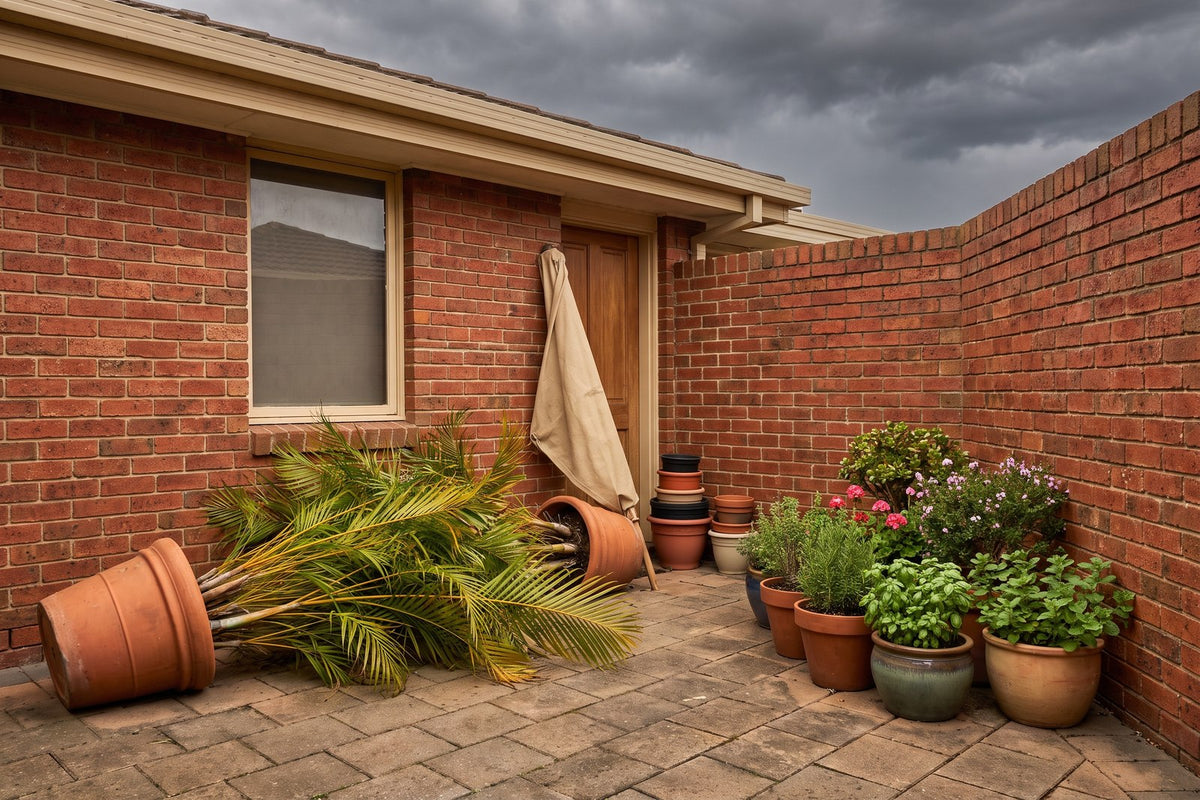 Tall potted palms laid on their sides and smaller pots huddled against a brick wall before a storm