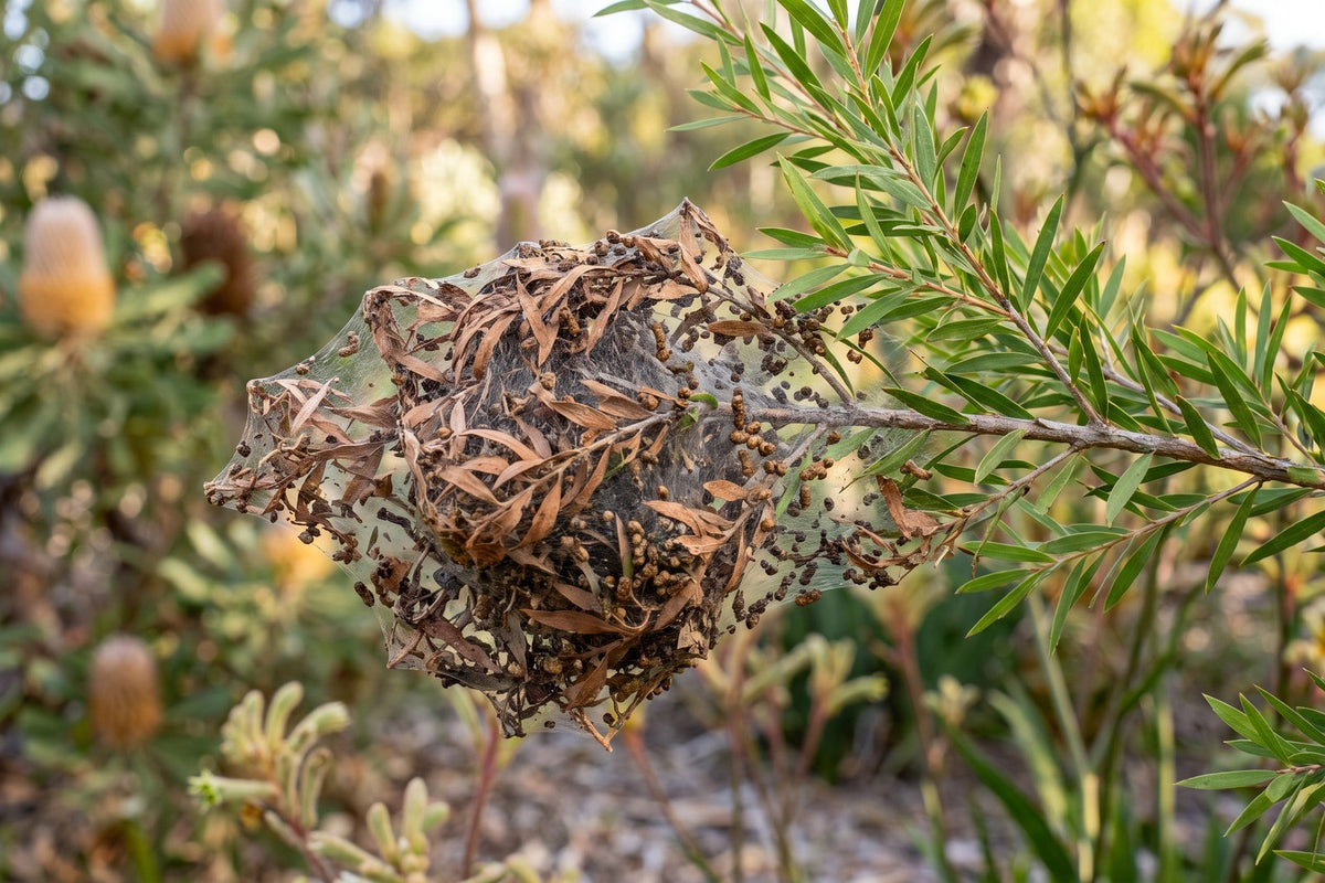 Tea tree branch with a clump of brown chewed leaves bound in caterpillar webbing
