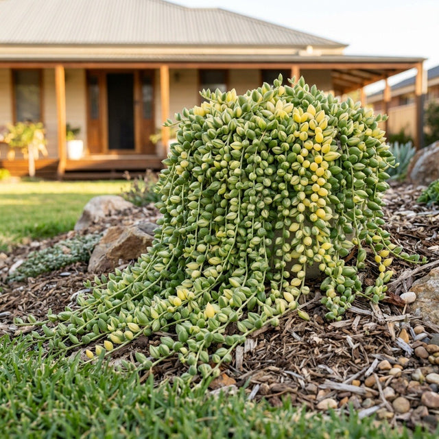 Teardrops Succulent (Senecio rowleyanus 'Teardrops') growing in a mulched garden bed in front of an Australian home
