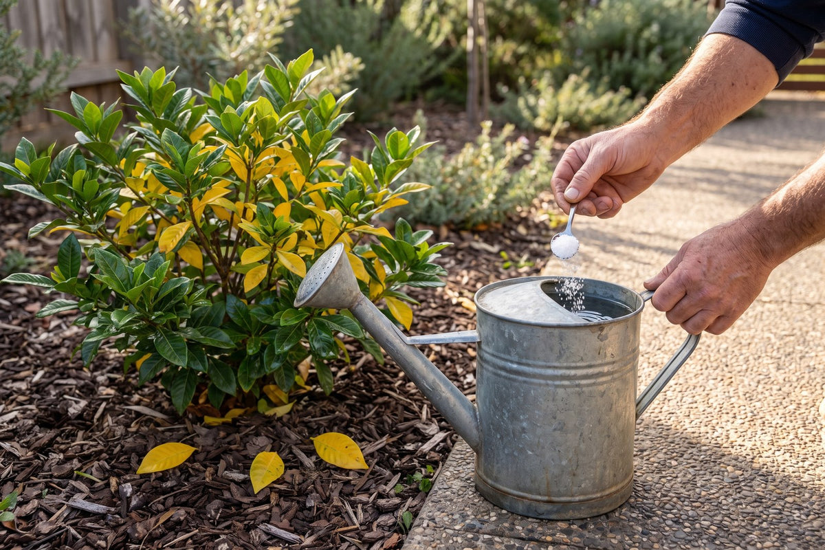 Teaspoon of Epsom salts going into a watering can beside a gardenia with yellow older leaves in winter