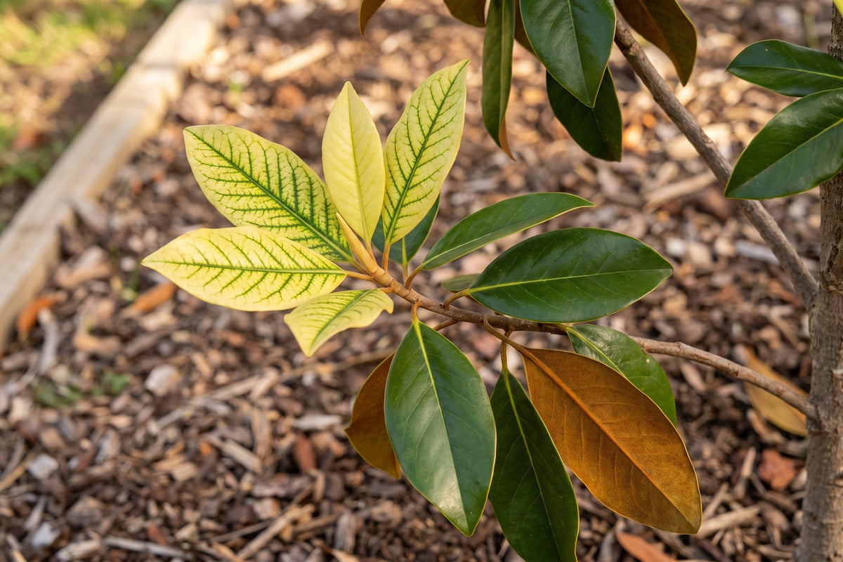 Teddy Bear magnolia leaves turned yellow with green veins from iron deficiency