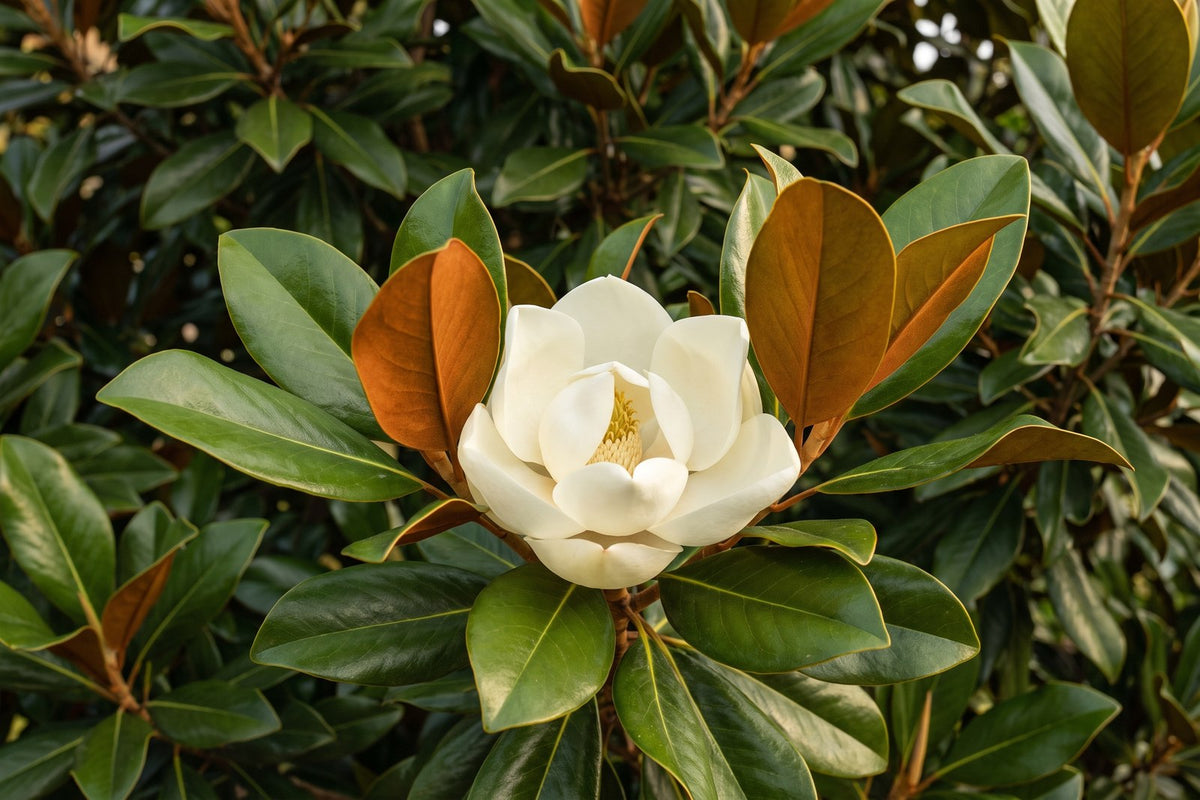 Teddy Bear magnolia leaves with brown felted undersides and a large cream flower