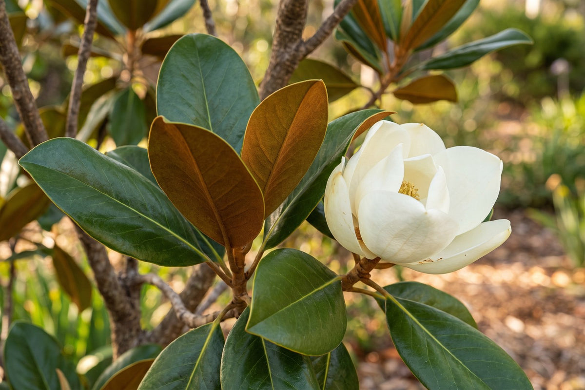 Teddy Bear magnolia leaves with fuzzy brown undersides beside a creamy-white flower