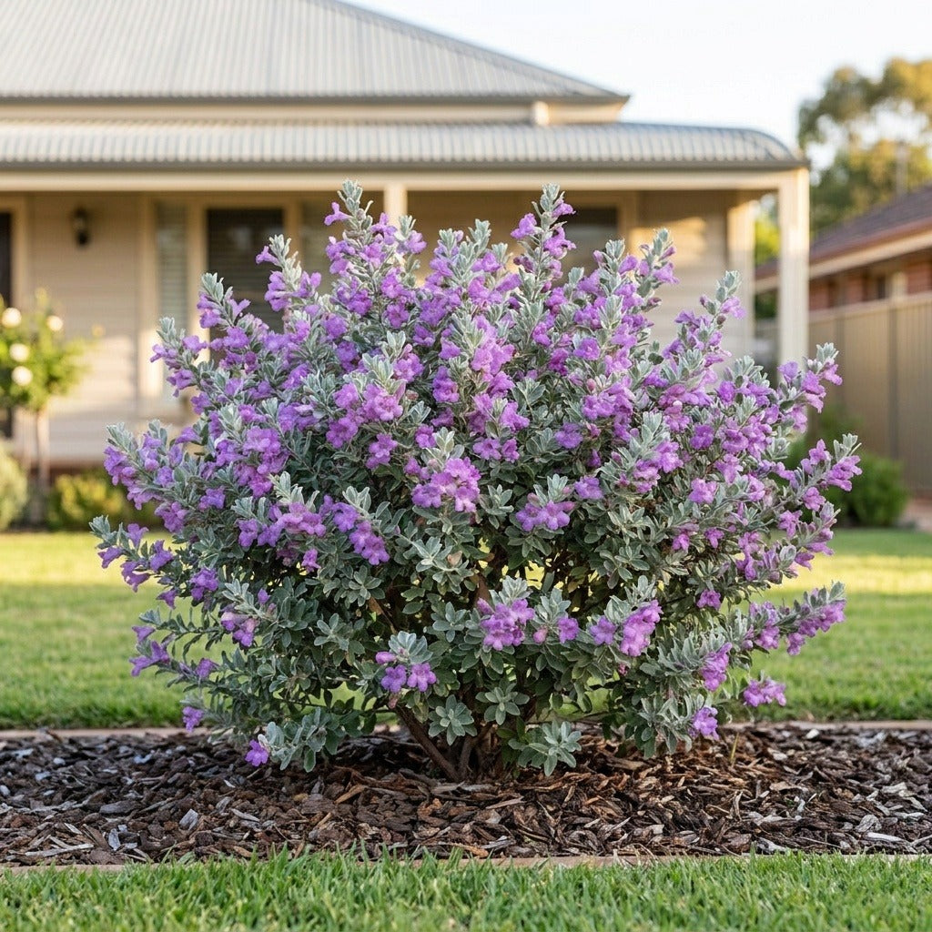 Texas Sage (Leucophyllum frutescens) growing in a mulched garden bed in front of an Australian home
