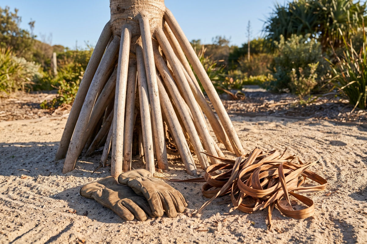 Thick stilt roots at the base of a pandanus trunk in sand, with leather gloves and cleared dead leaves