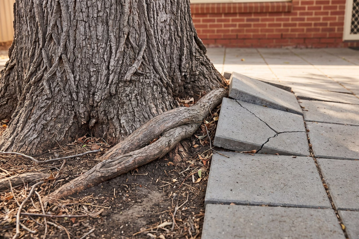Thick tree roots lifting and cracking concrete pavers beside a trunk planted too close