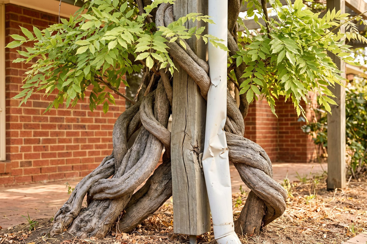 Thick woody wisteria trunks twisted around a cracked timber post and a crushed downpipe