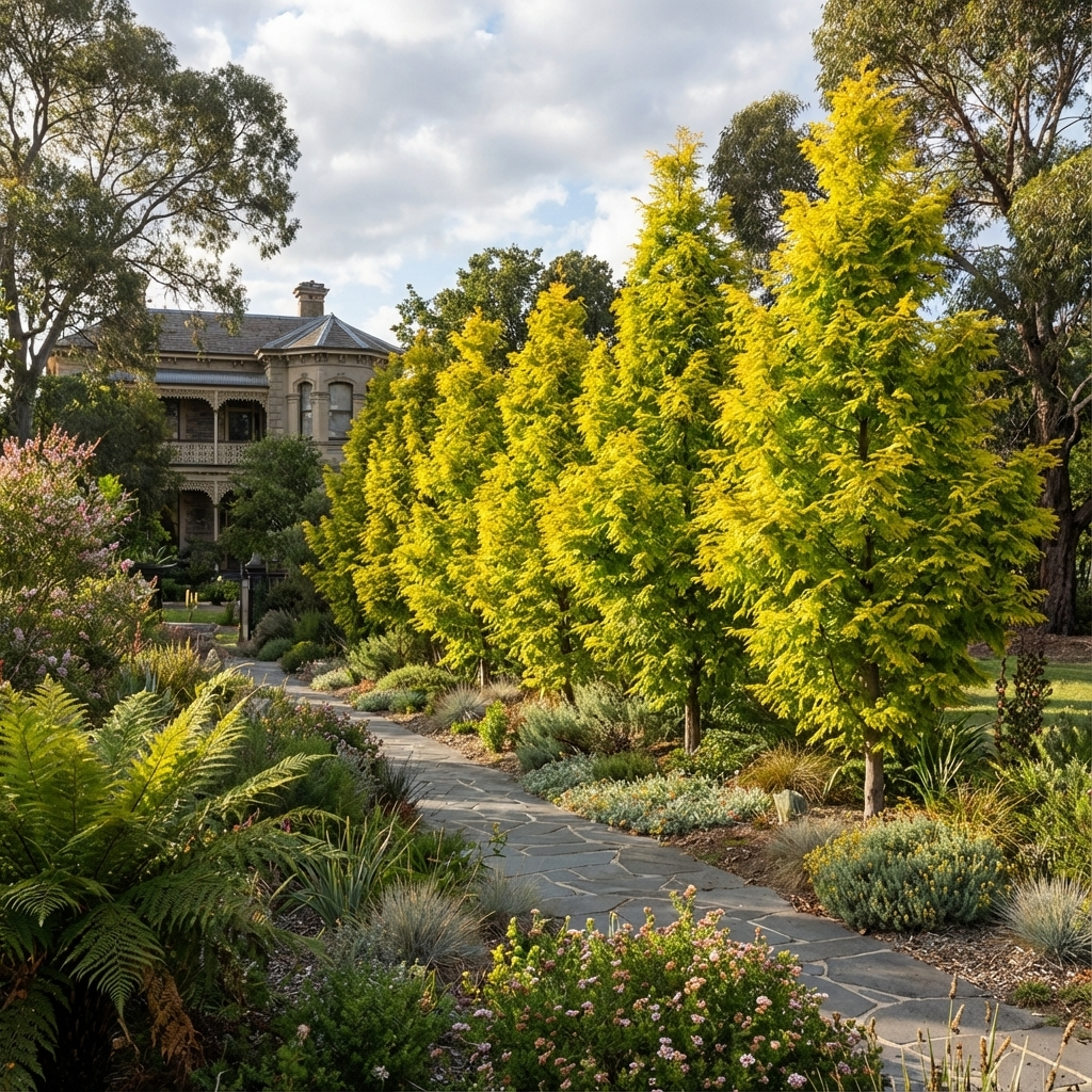 A stone path winds through a lush garden with vibrant yellow-green Dawn Redwood (Metasequoia glyptostroboides) trees, a striking deciduous conifer, and a large house in the background.