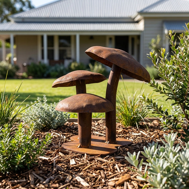 Three Mushrooms Rusted Steel Garden Ornament