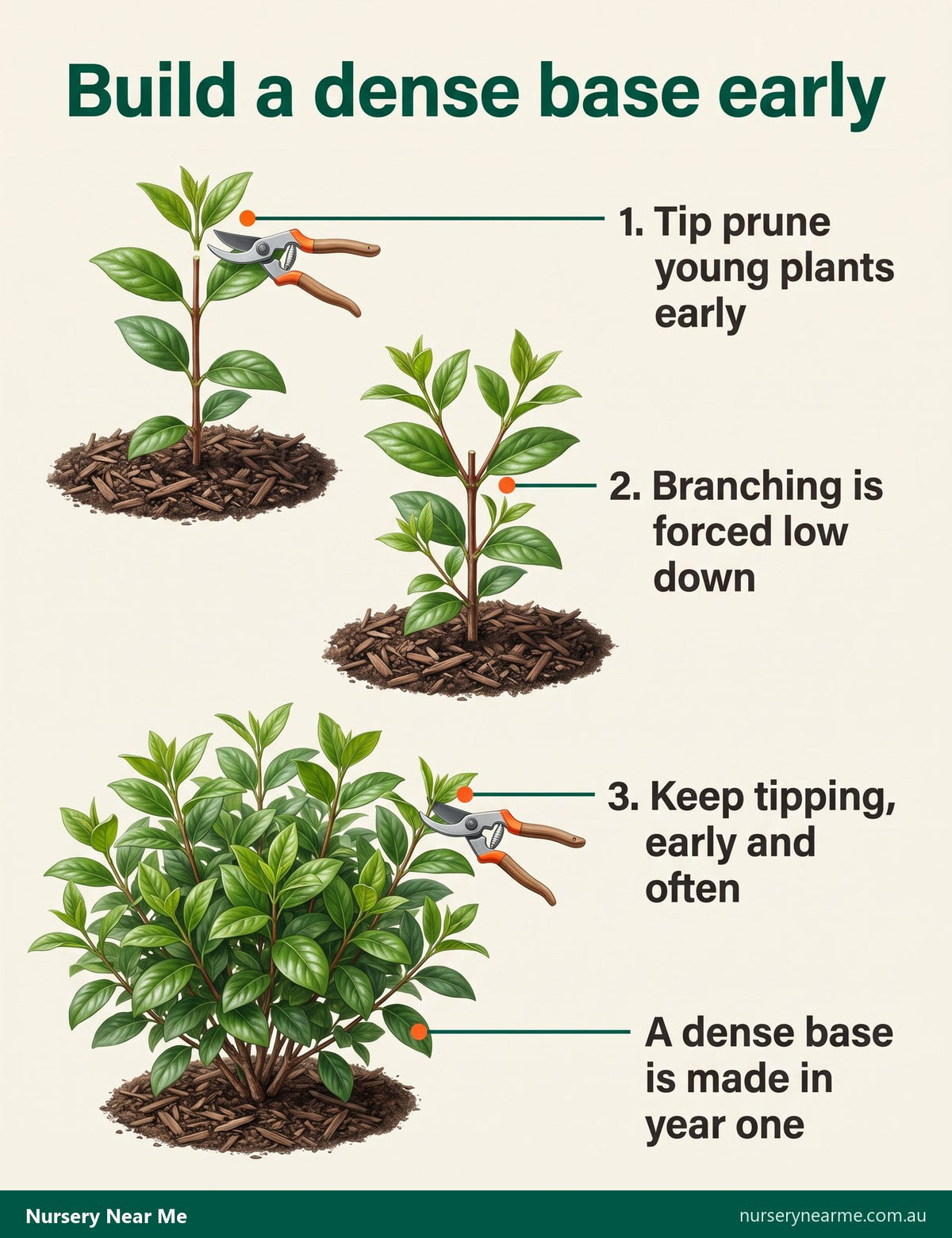 Three-step diagram of tip pruning a young sweet viburnum so it branches low and dense