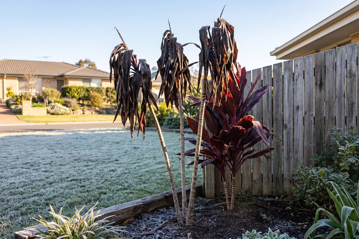 Ti plant with blackened, collapsed leaves hanging from its canes after a frost