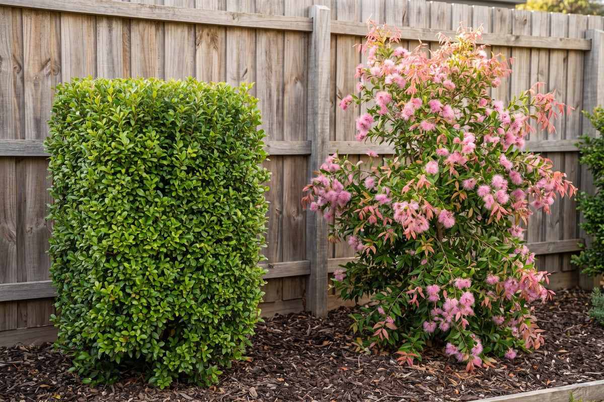 Tightly sheared Cascade lilly pilly with no flowers beside a lightly pruned one in pink flower