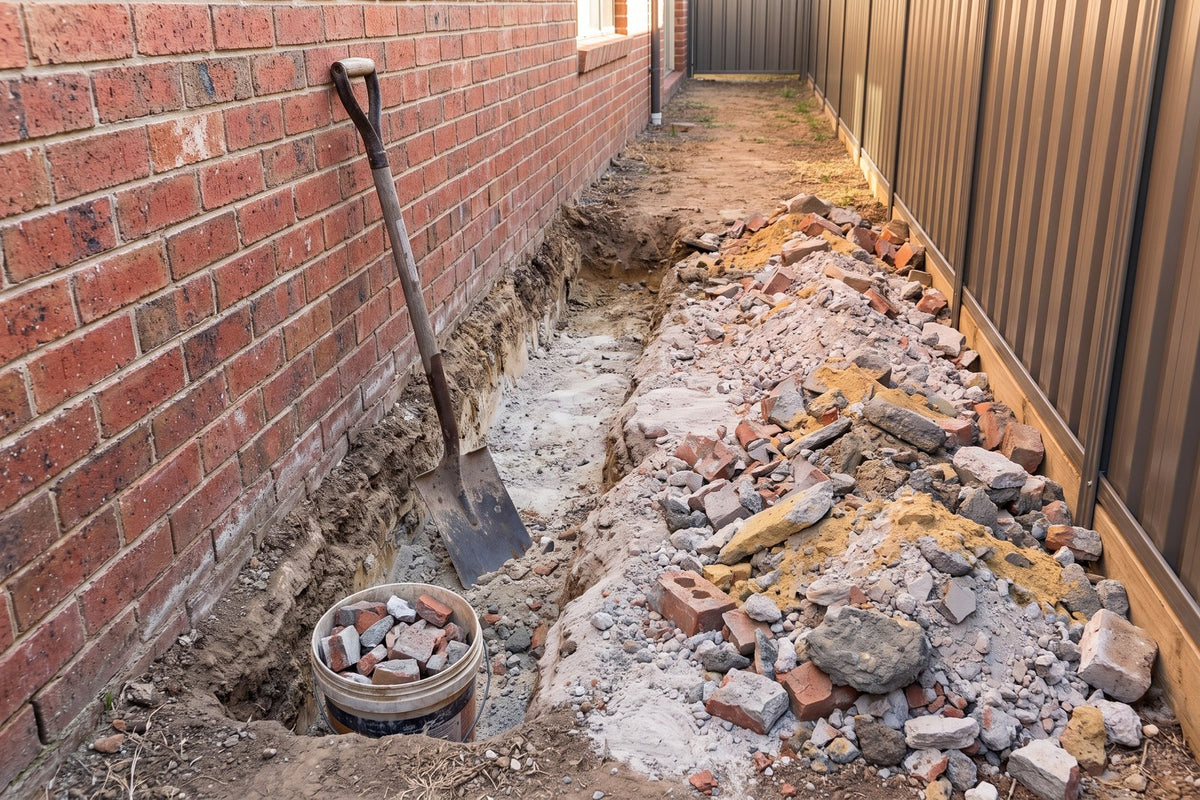 Trench dug beside a brick house wall showing builder's rubble, mortar and sand in the soil