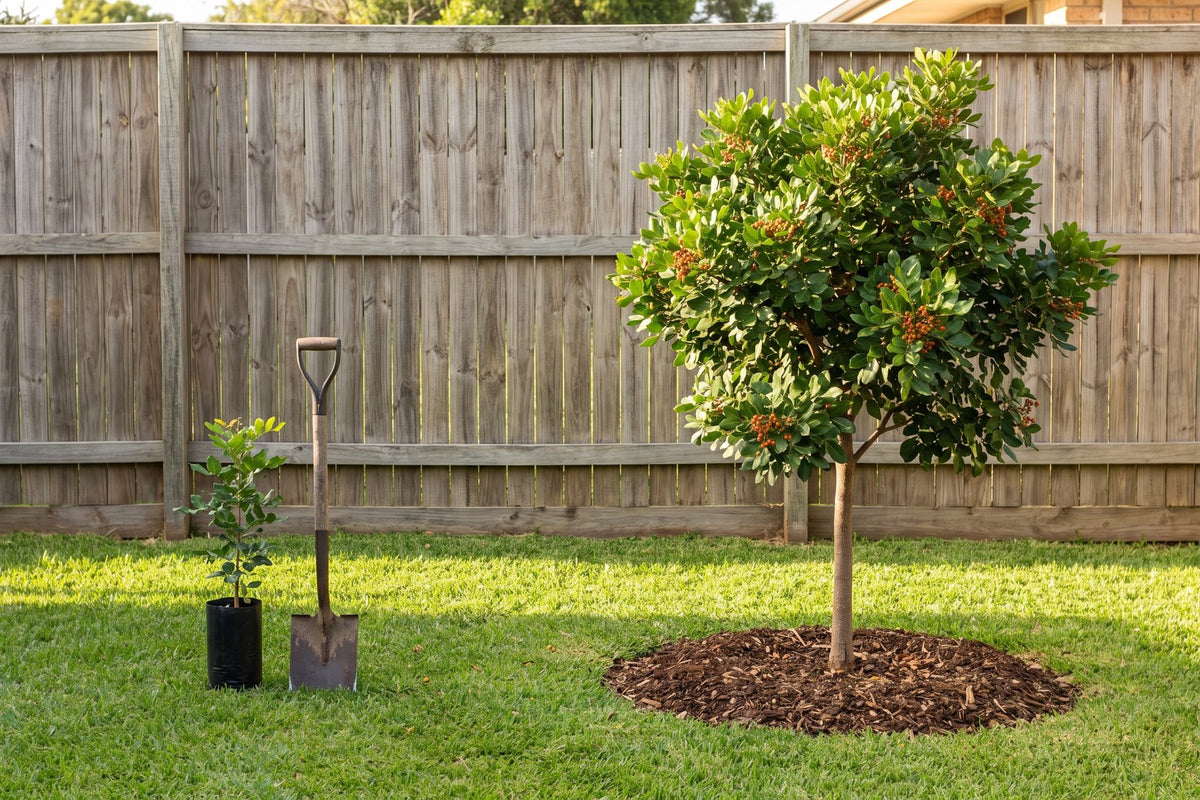 Tuckeroo tubestock seedling in front of a young three metre tuckeroo tree in a backyard