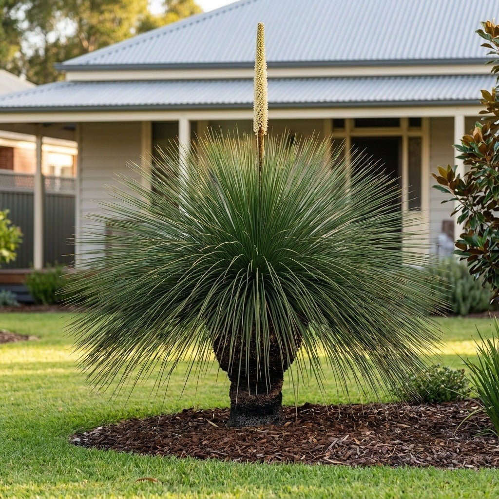 Tufted Grass Tree (Xanthorrhoea semiplana) growing in a mulched garden bed in front of an Australian home