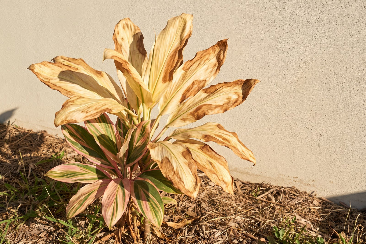 Variegated ti plant with bleached, scorched leaves in full afternoon sun