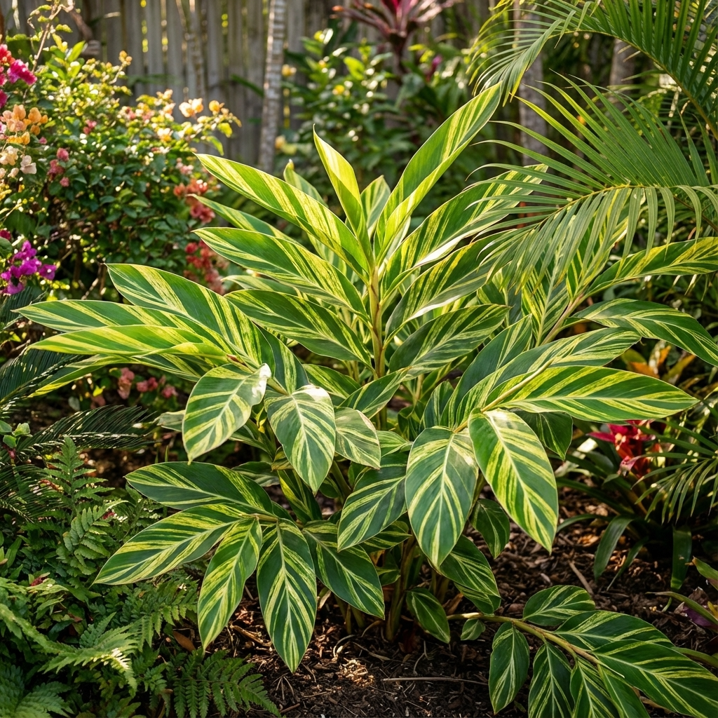 A lush garden featuring Variegated Shell Ginger (Alpinia zerumbet 'Variegata') with striking green and yellow leaves, accented by colorful flowers and tropical plants, forms a vibrant natural privacy screen.