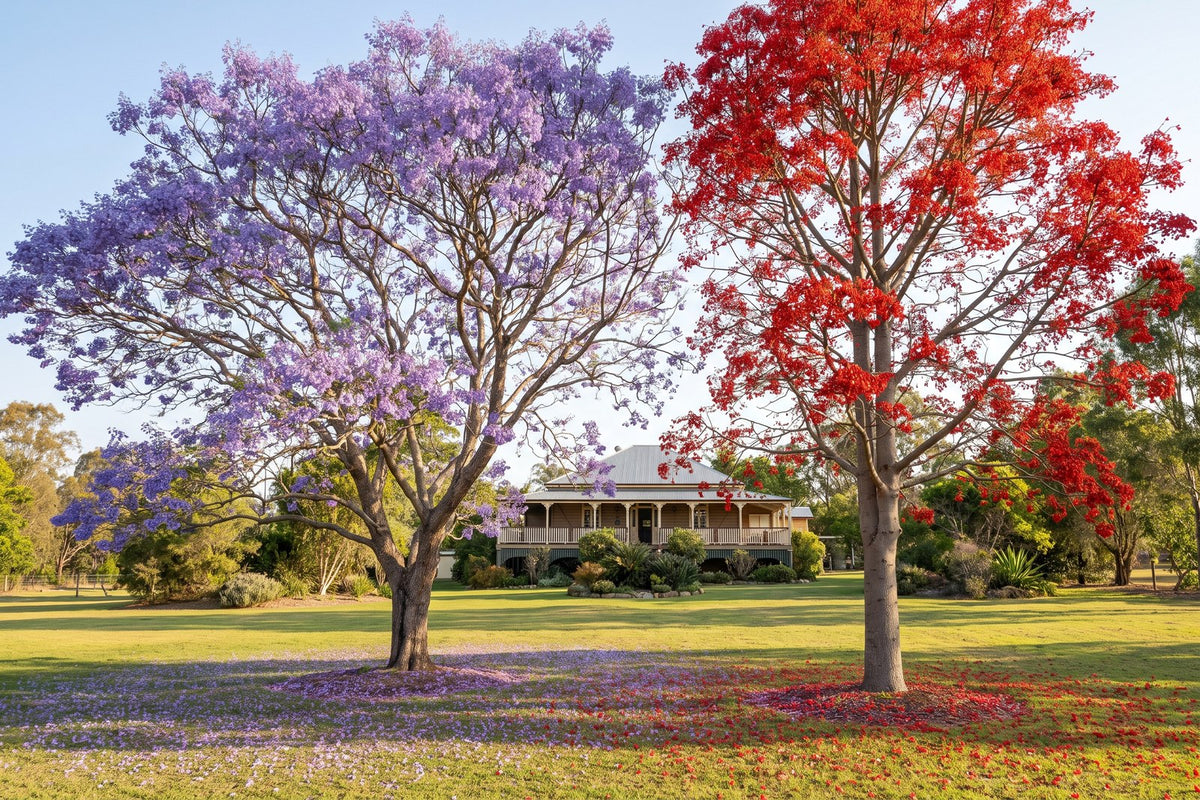 Violet-blue jacaranda and scarlet Illawarra flame tree flowering side by side on a lawn