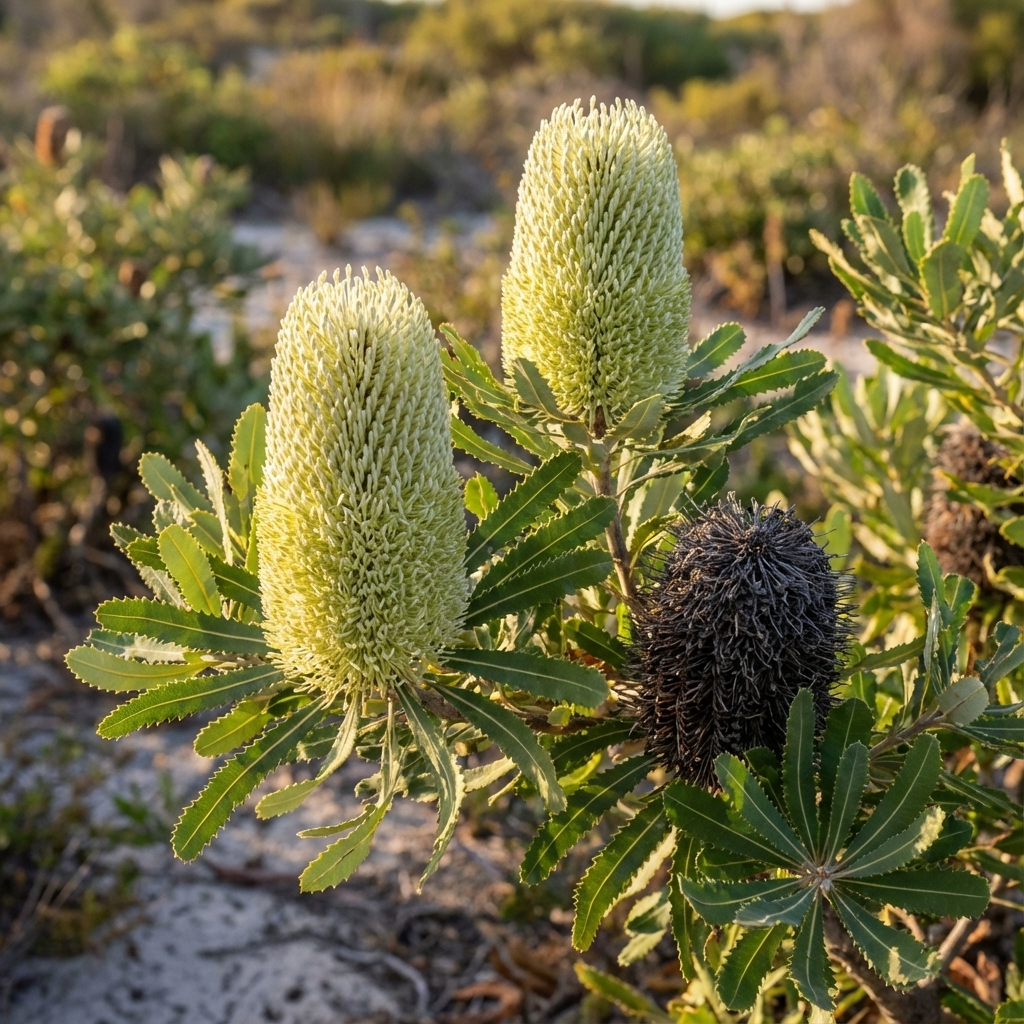 Two pale yellow flowers and a single dried cone of Banksia aemula (Wallum Banksia), an iconic Australian native, stand among green leaves in sunlight—ideal for adding natural charm to any coastal garden.