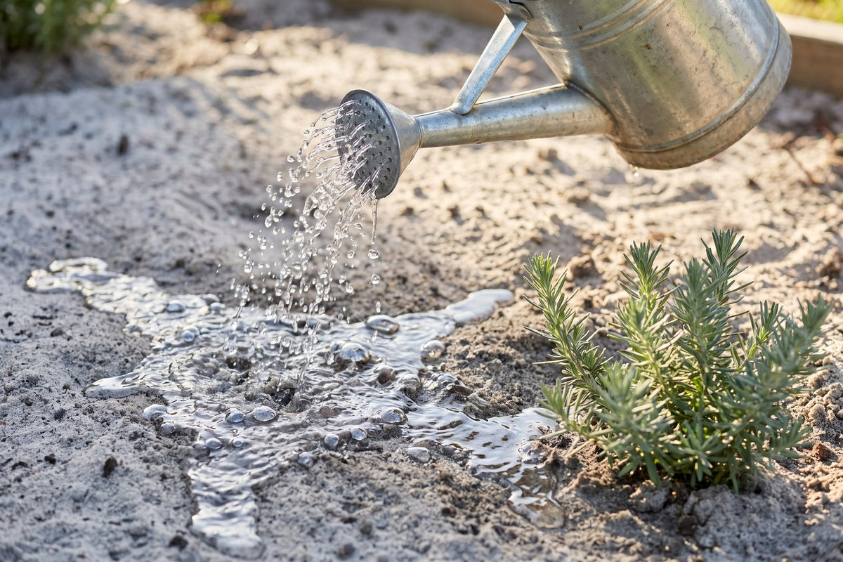 Water beading on dry water-repellent coastal sand in a garden bed