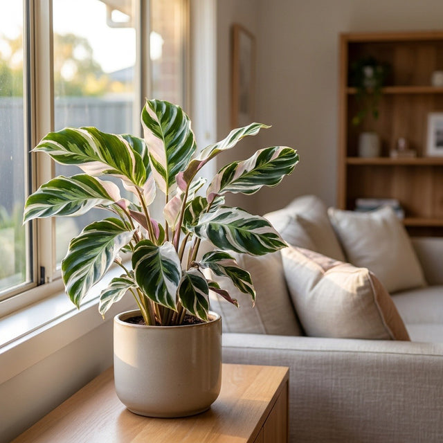 White Fusion Rose-painted Calathea (Calathea lietzei 'White Fusion') in a neutral ceramic pot on a timber sideboard by a sunlit window
