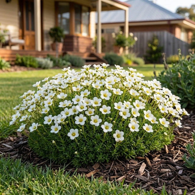 White Mossy Saxifrage (Saxifraga x arendsii 'White') growing in a mulched garden bed in front of an Australian home