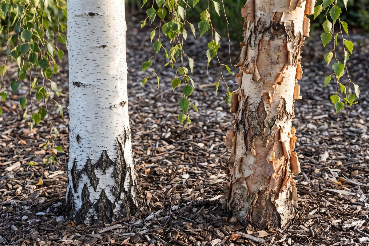 White silver birch trunk beside the peeling cinnamon and cream trunk of a river birch