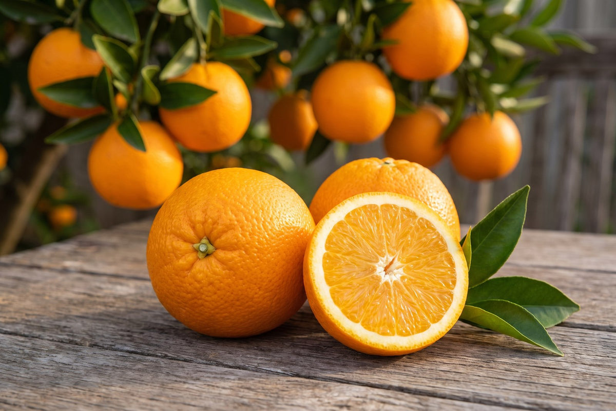 Whole and halved Washington Navel oranges showing the navel end and seedless flesh
