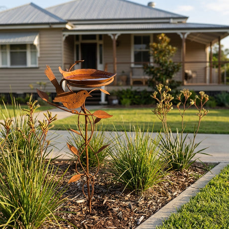 Willie Wagtail Rusted Steel Bird Bath Garden Stake