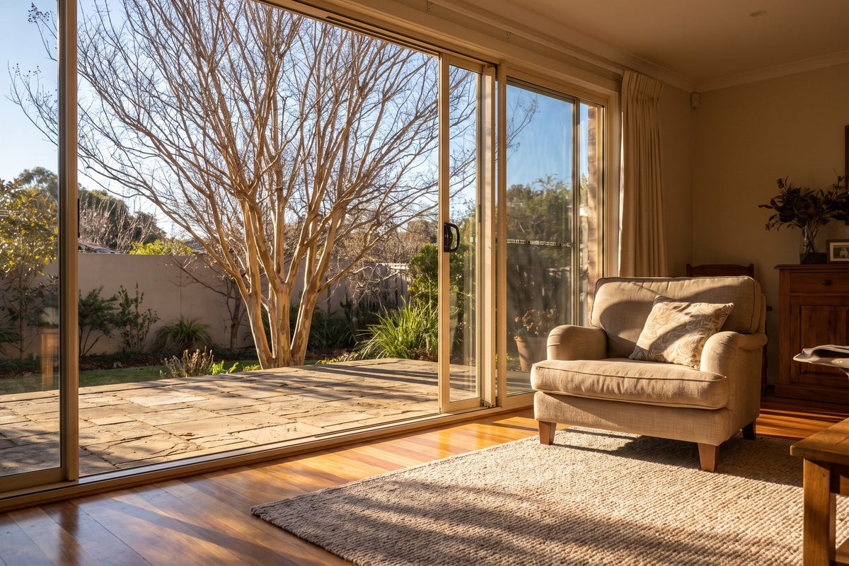 Winter sun streaming through a bare crepe myrtle and glass doors onto a living room floor