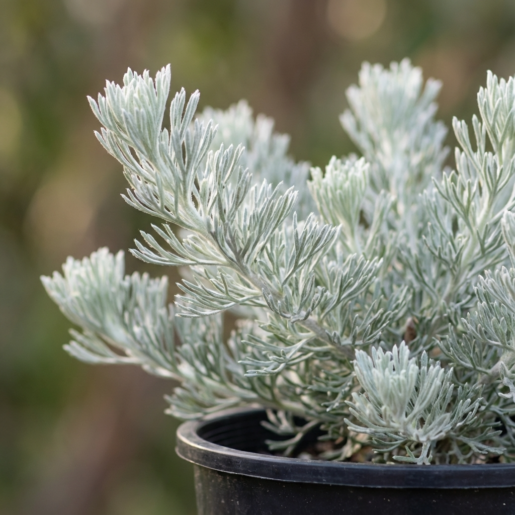 Silvery green, needle-like leaves of the woolly bush - Adenanthos Silver Streak grow in a black pot with a soft, blurred background.