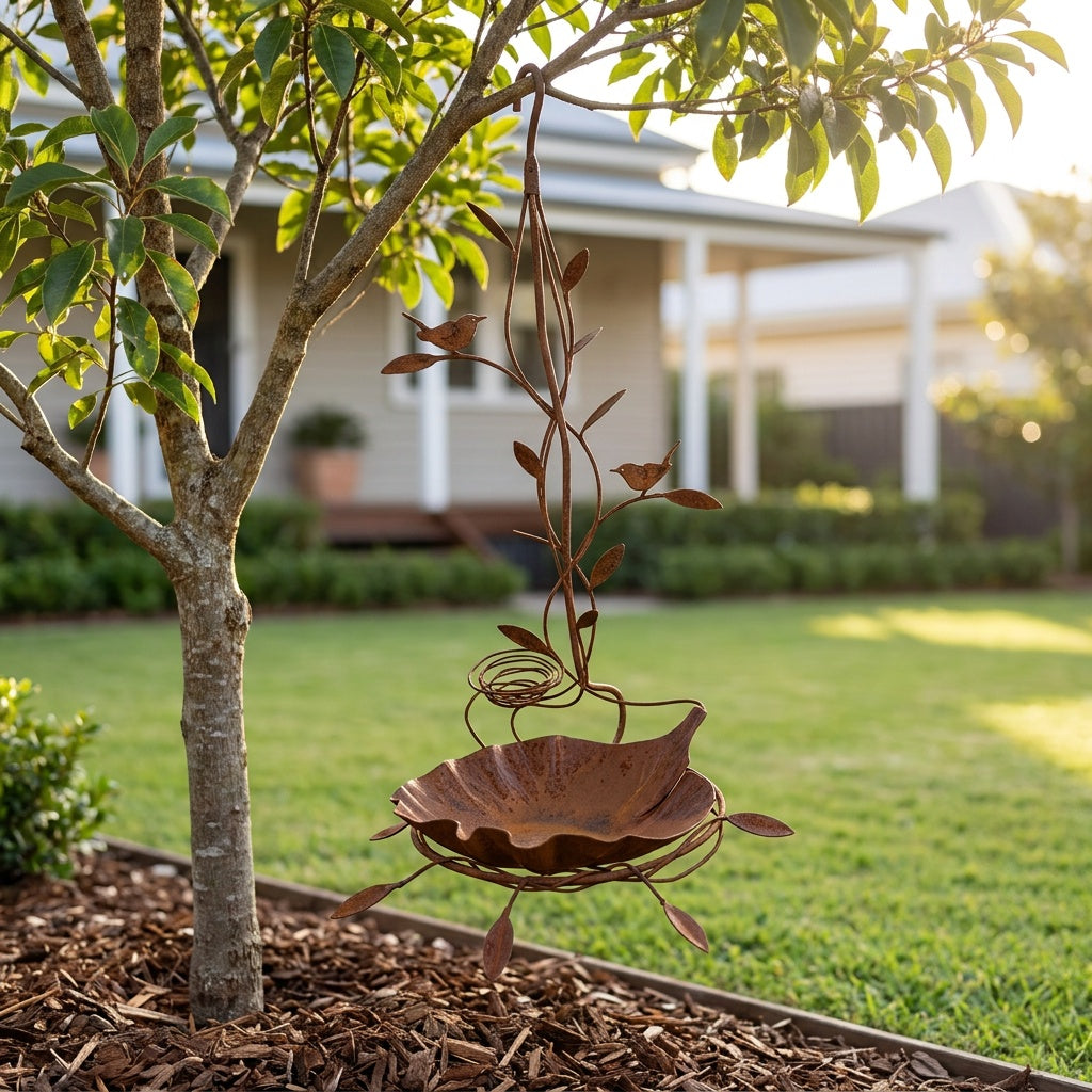 Wrens and Nest Rusted Steel Hanging Bird Bath