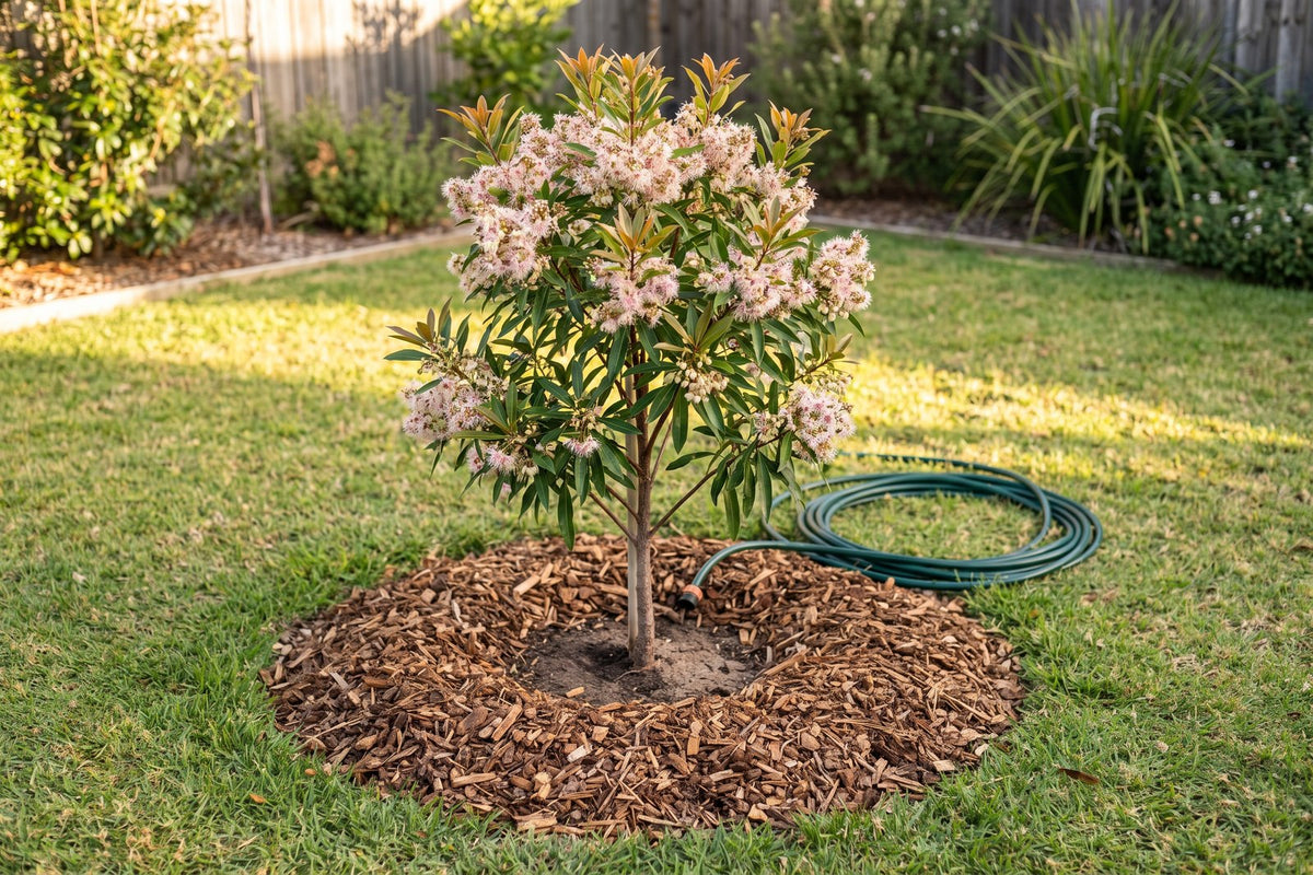 Young blueberry ash in a lawn with a one metre mulched circle cleared around its trunk