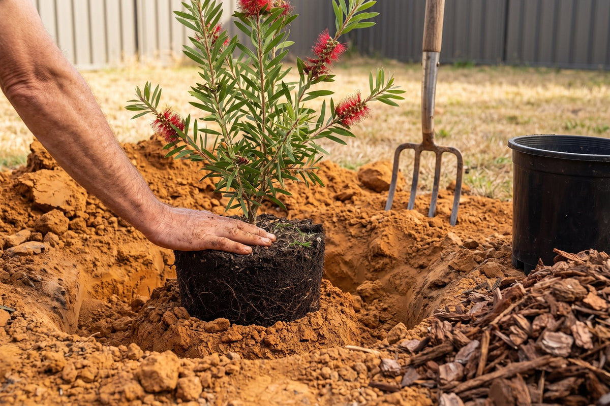 Young bottlebrush planted high in heavy clay with its root ball above the surrounding soil