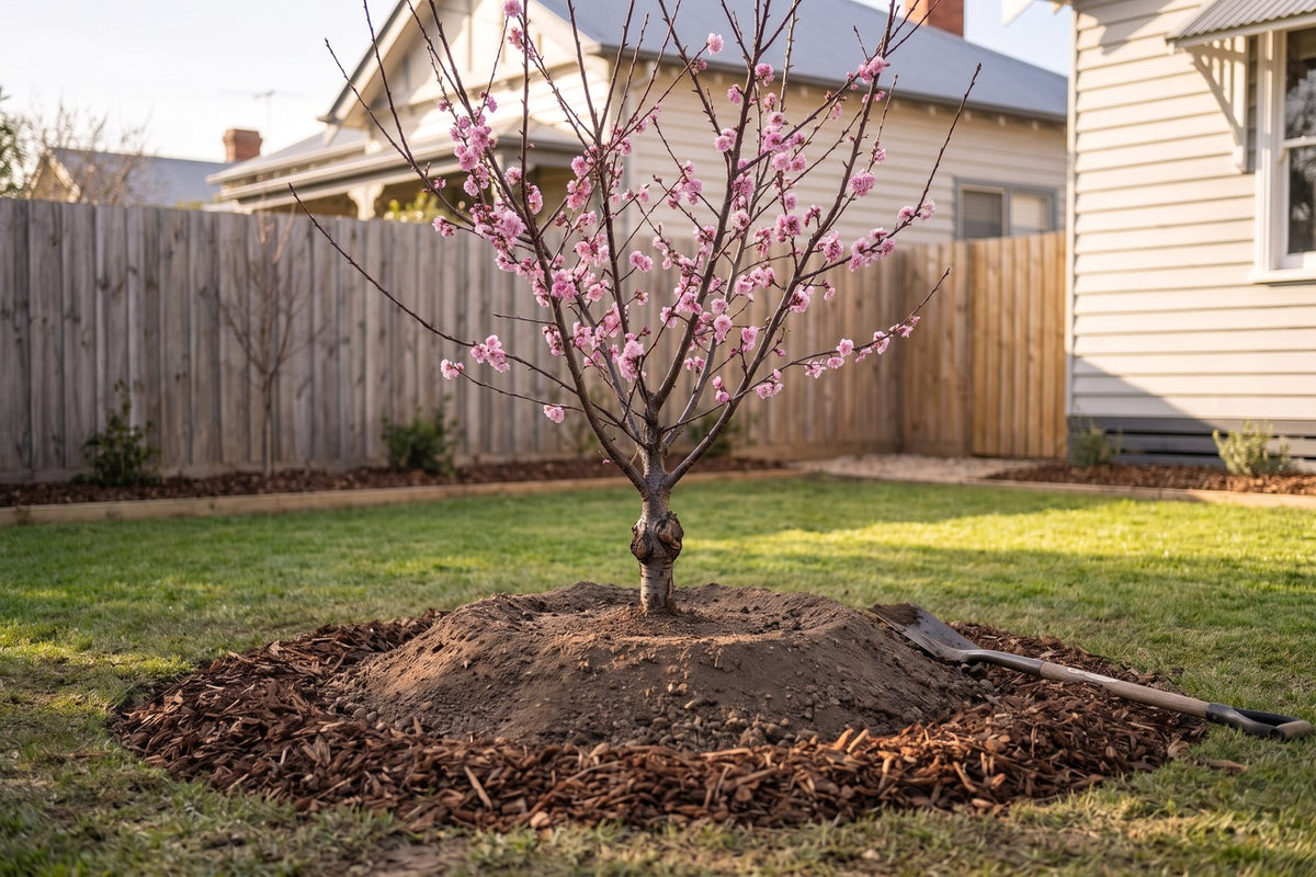 Young flowering plum planted on a raised mound in clay, graft union clear and mulch pulled back from the trunk
