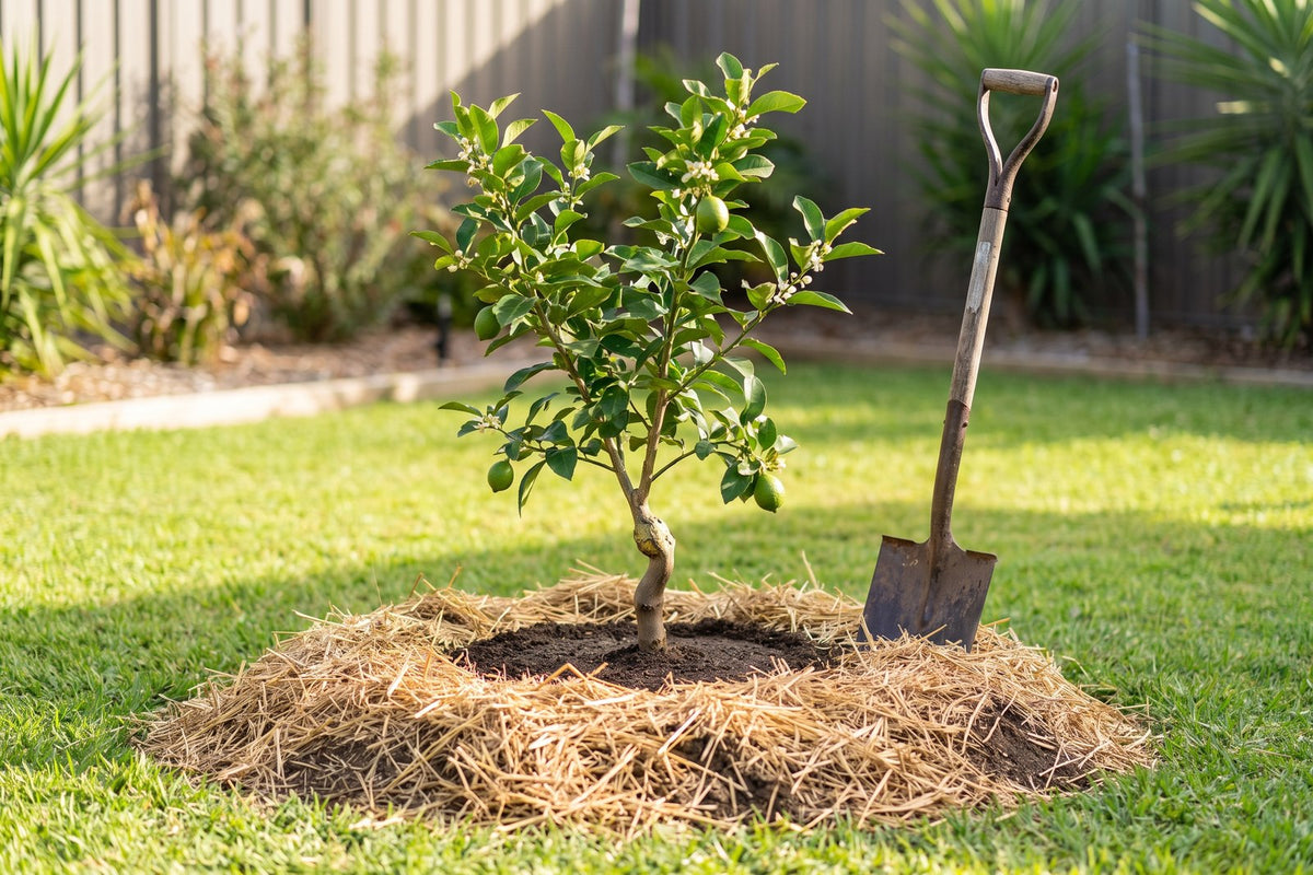 Young grafted lemon tree planted on a low mound with the graft union above the soil and mulch