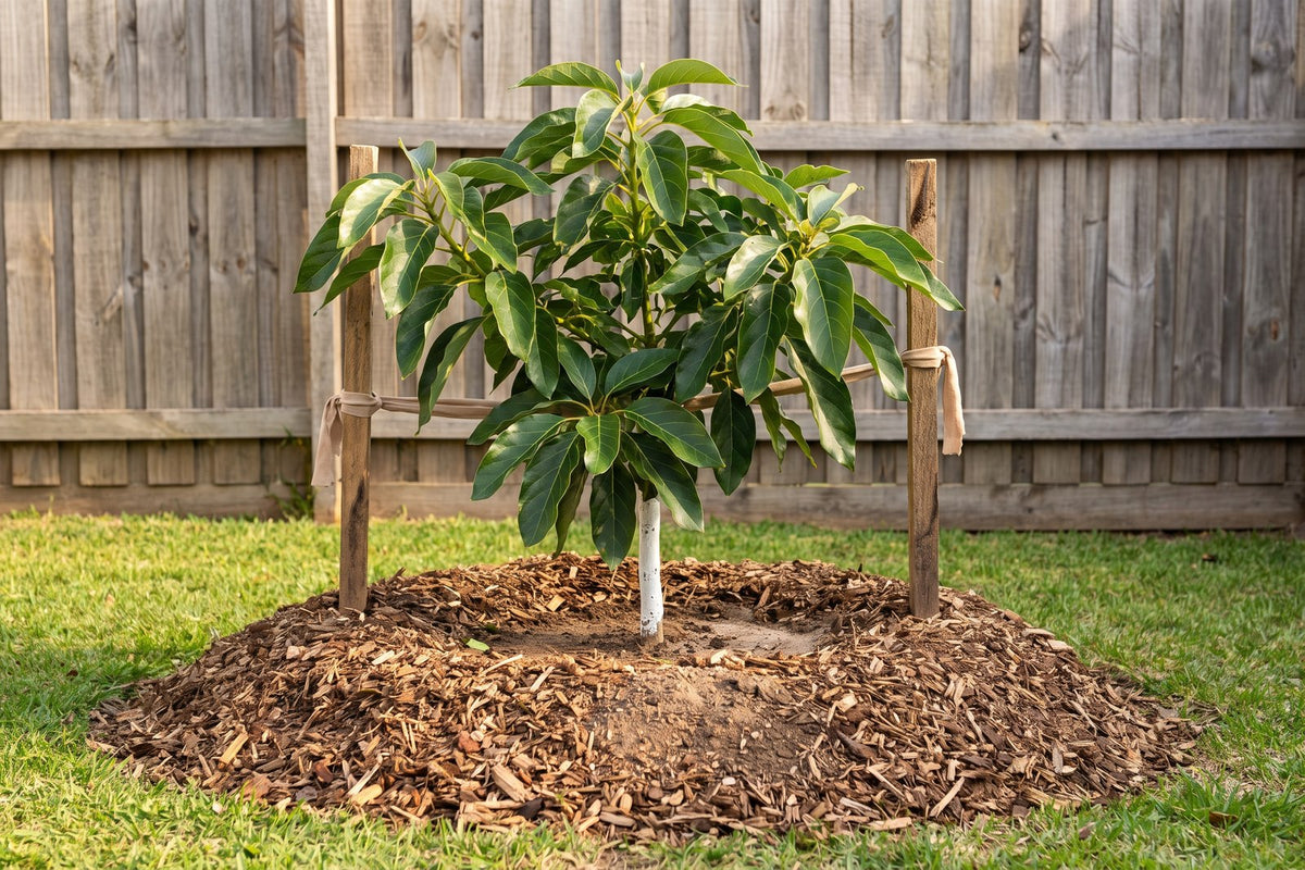 Young Hass avocado planted on a mulched mound with a white painted trunk and two stakes