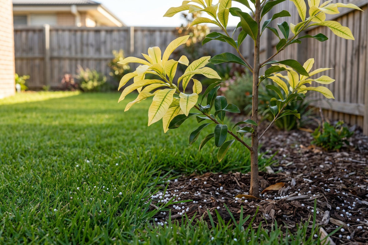 Young ivory curl tree with yellow green-veined leaves beside a lawn scattered with fertiliser granules