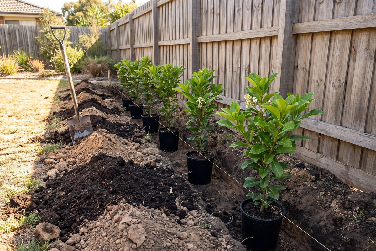 Young sweet viburnum plants set out a metre apart in a continuous trench along a fence
