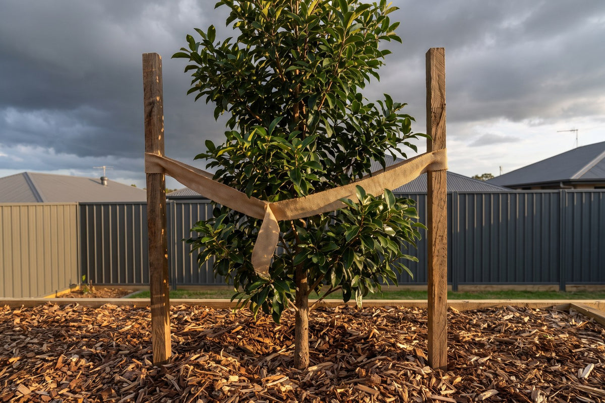 Young tree staked with two stakes and a soft tie as a storm builds over a Queensland backyard