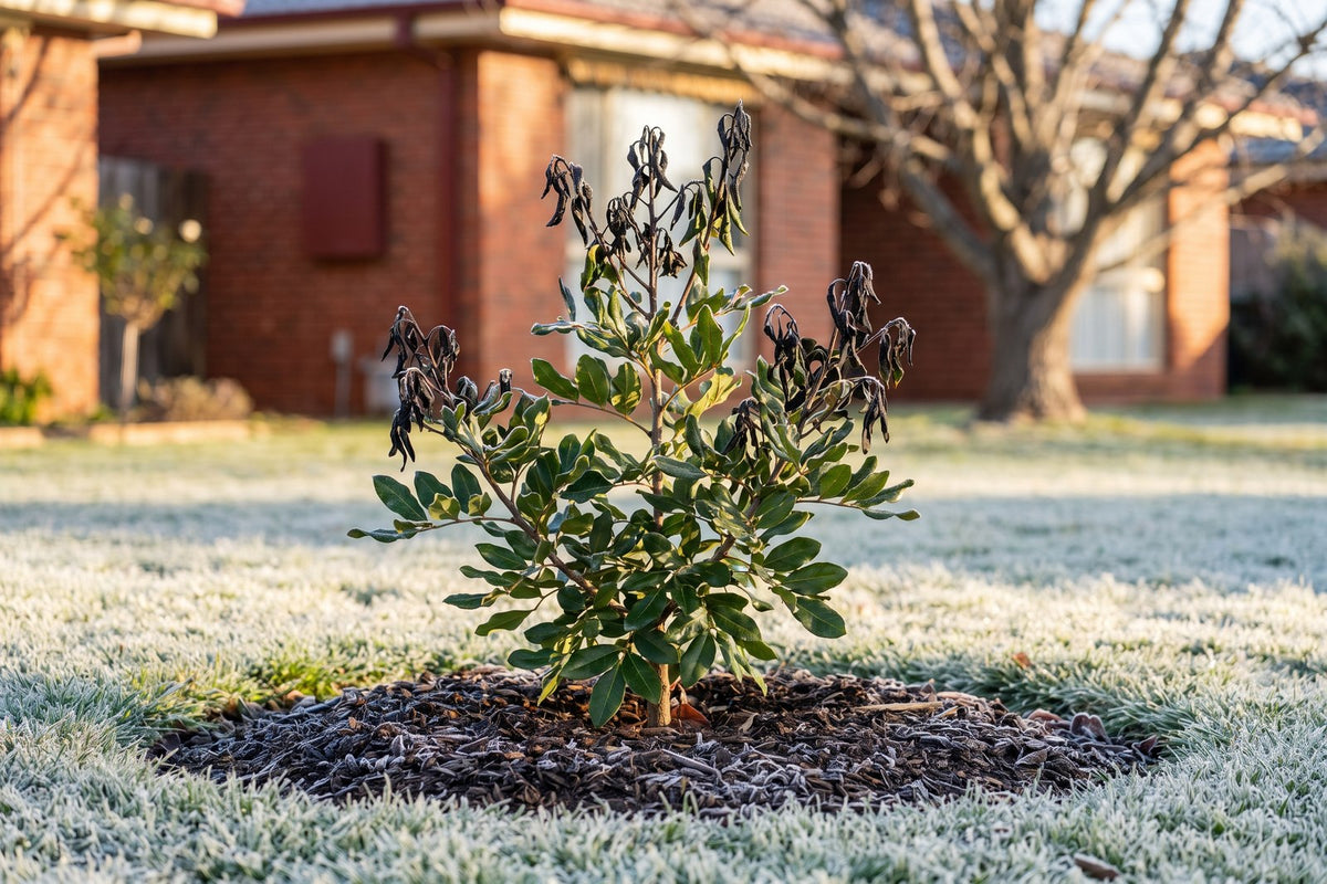 Young tuckeroo tree with blackened frost-burnt shoot tips on a frosty winter morning