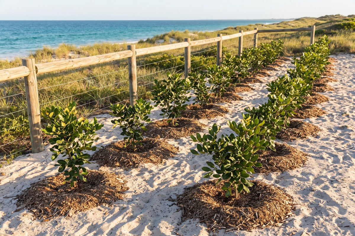 Young tuckeroo trees planted small in a staggered double row as a coastal windbreak
