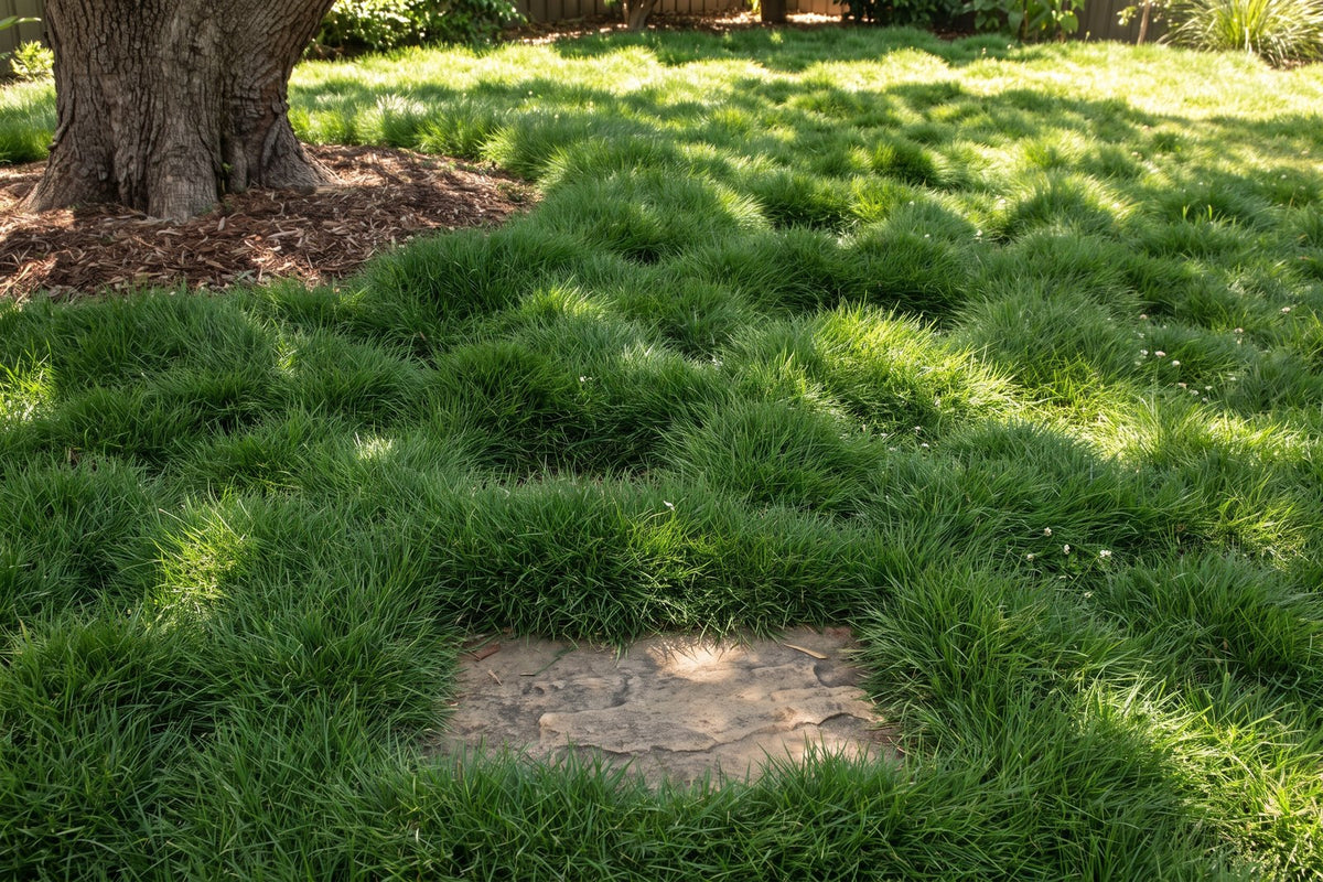 Zoysia tenuifolia no mow grass forming soft green mounds in dappled shade near a tree